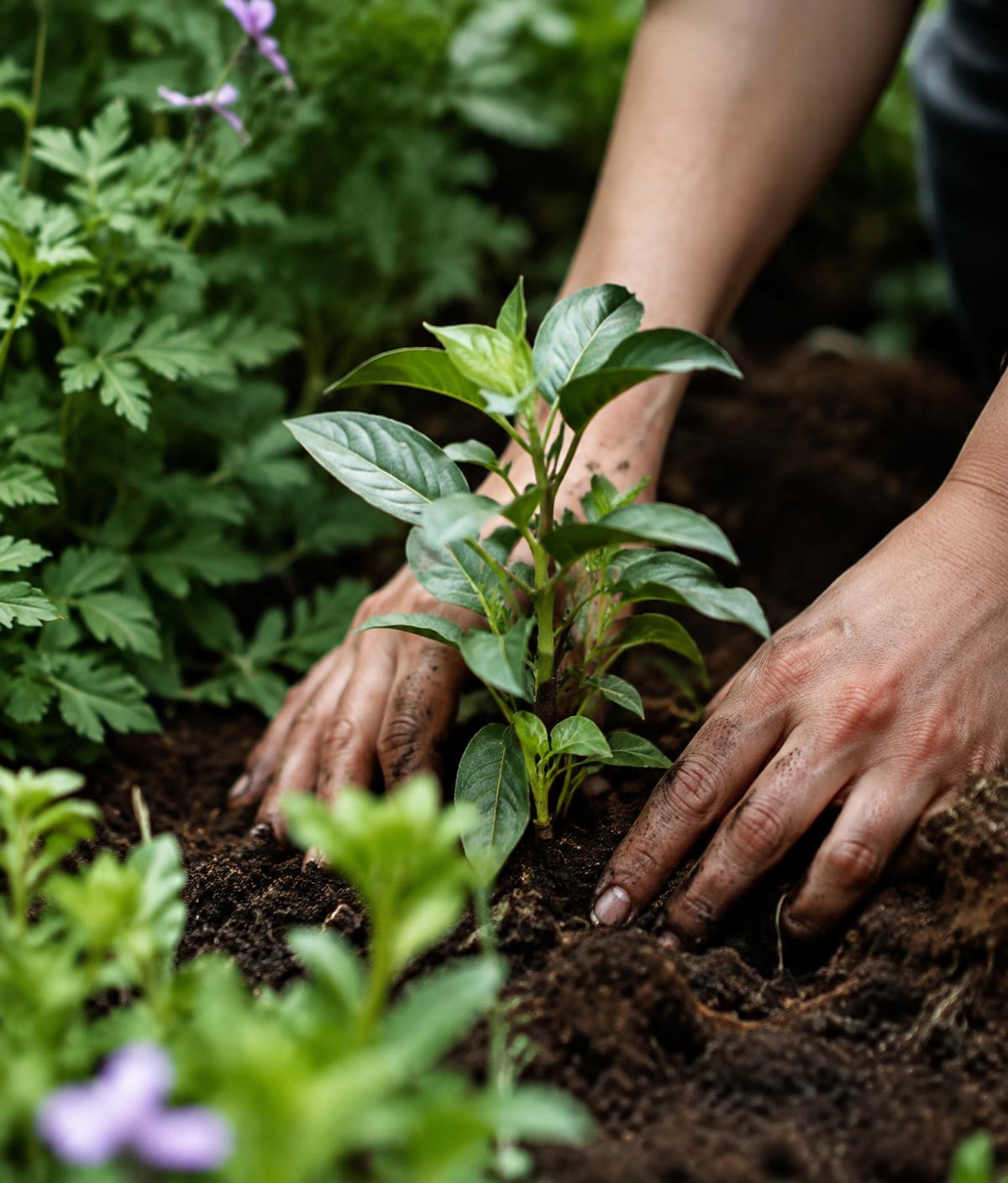 Hands planting a young plant in rich soil